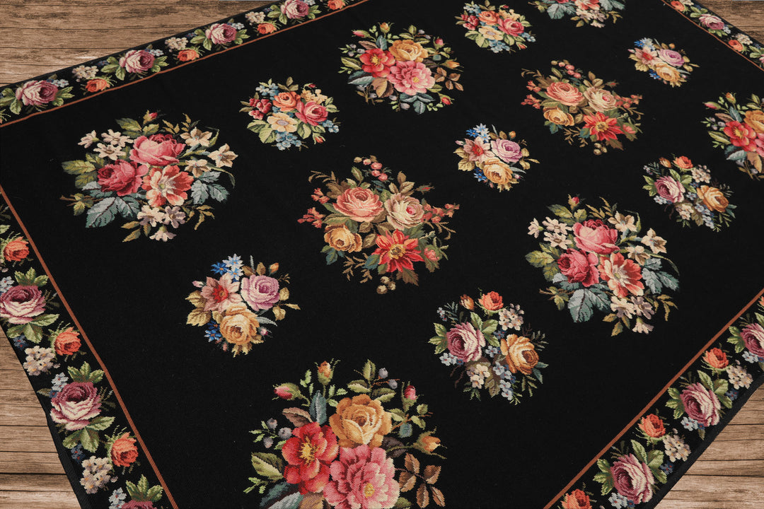6x9 Black, Ivory, red Color Hand Woven French Aubusson Needlepoint Wool Traditional Oriental Rug