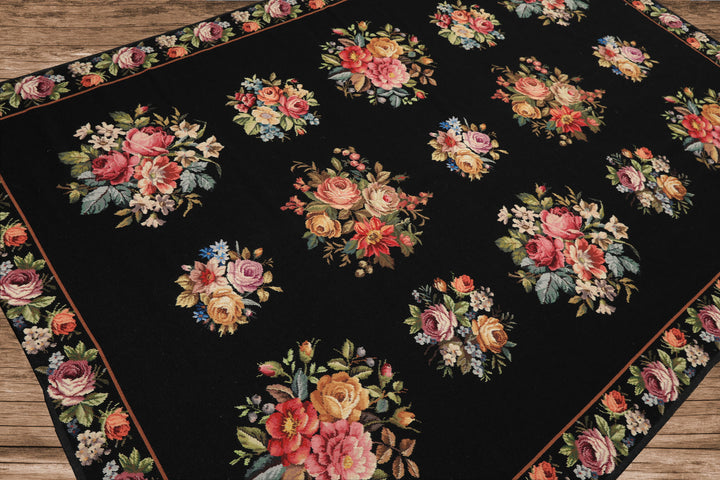 6x9 Black, Ivory, red Color Hand Woven French Aubusson Needlepoint Wool Traditional Oriental Rug
