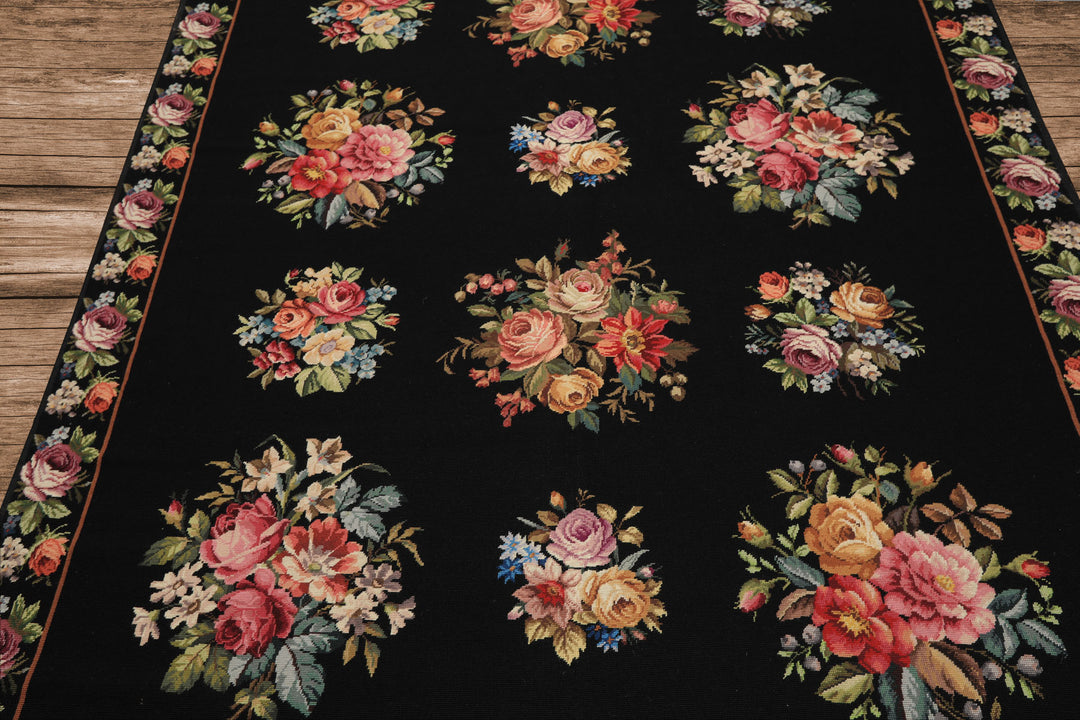 6x9 Black, Ivory, red Color Hand Woven French Aubusson Needlepoint Wool Traditional Oriental Rug