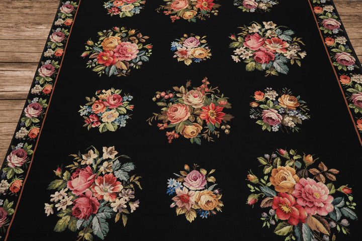 6x9 Black, Ivory, red Color Hand Woven French Aubusson Needlepoint Wool Traditional Oriental Rug