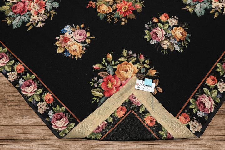 6x9 Black, Ivory, red Color Hand Woven French Aubusson Needlepoint Wool Traditional Oriental Rug