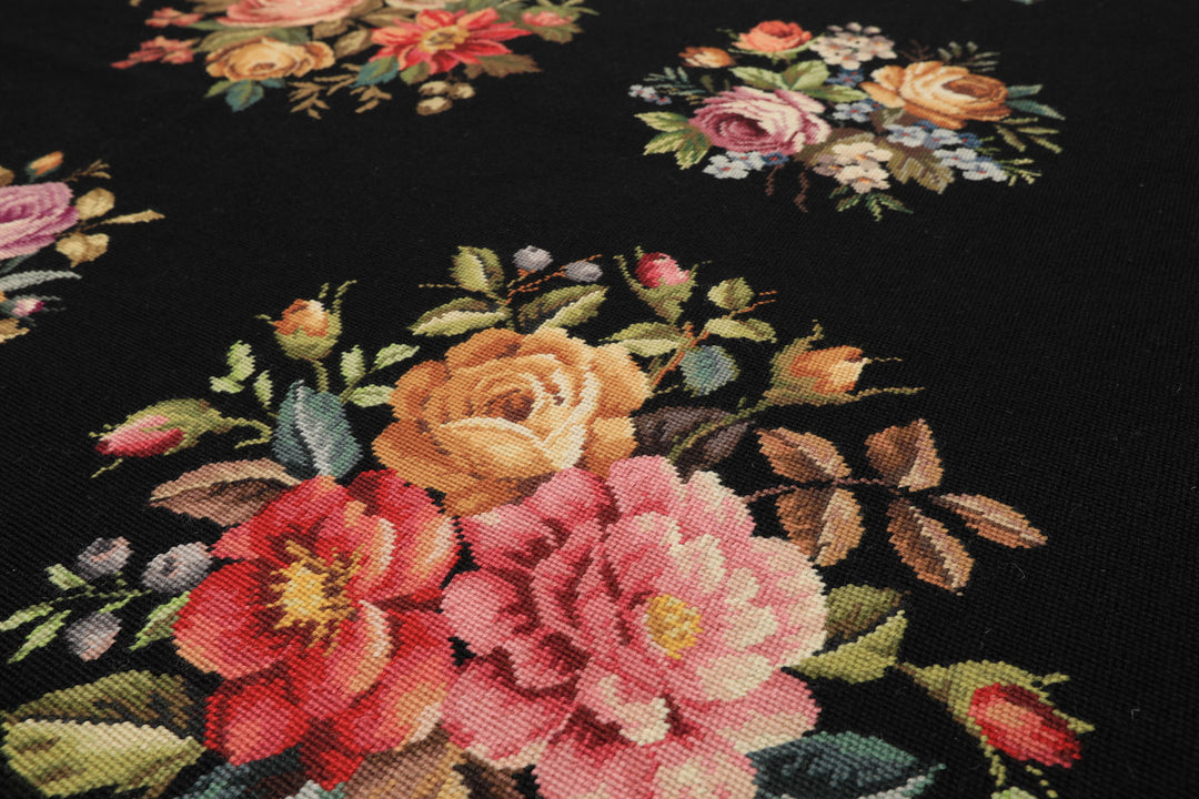 6x9 Black, Ivory, red Color Hand Woven French Aubusson Needlepoint Wool Traditional Oriental Rug