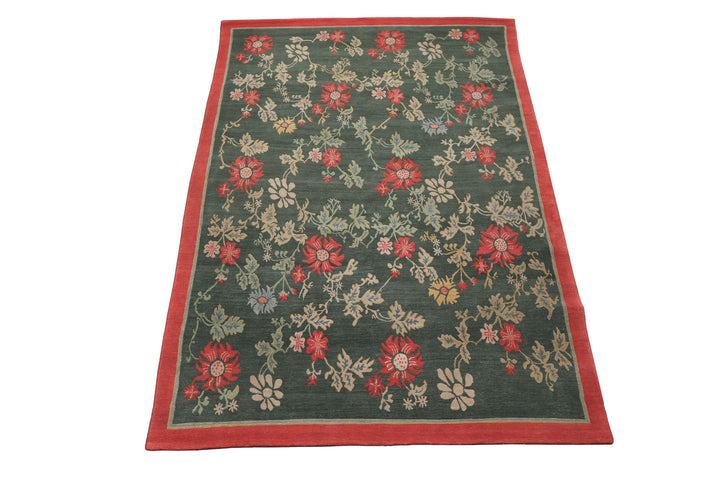 6x9 Celadon, Coral, beige Color Hand Knotted Tibetan Wool Transitional Oriental Rug