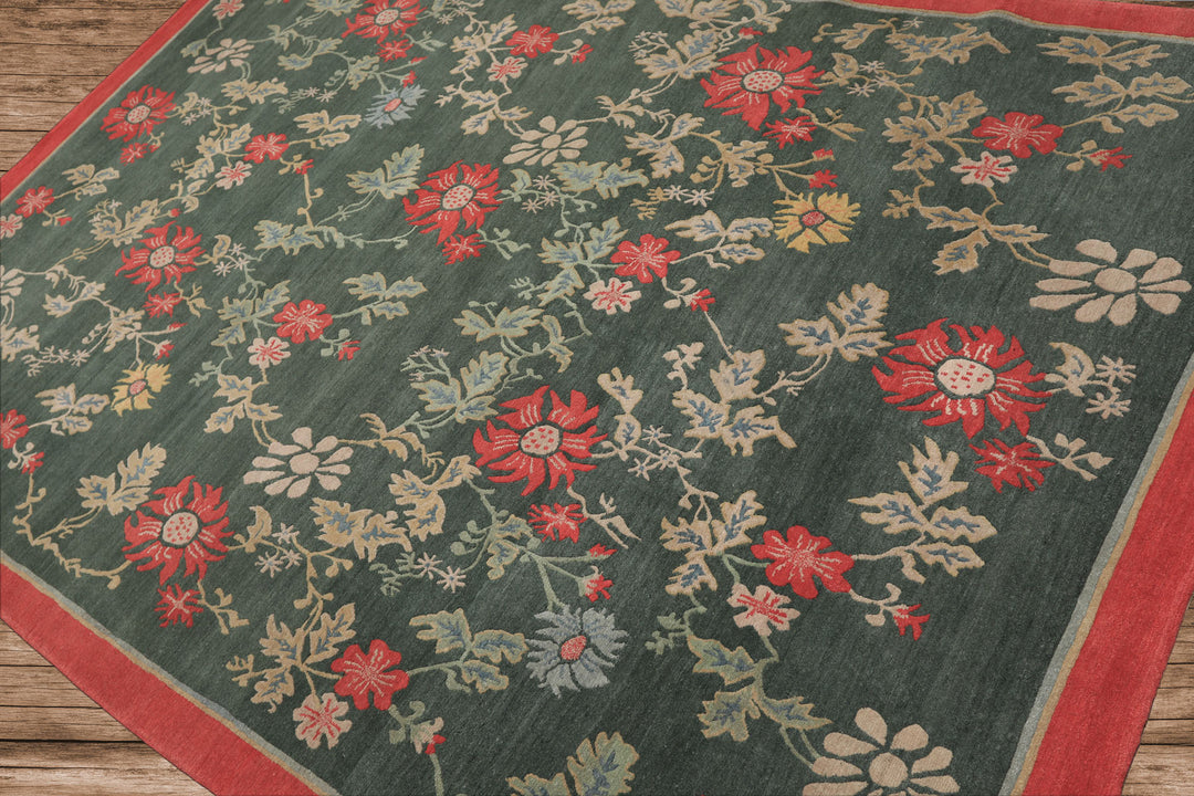 6x9 Celadon, Coral, beige Color Hand Knotted Tibetan Wool Transitional Oriental Rug