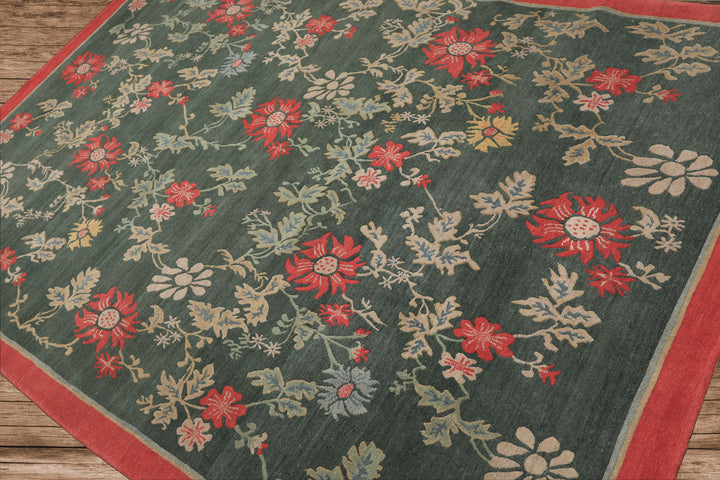 6x9 Celadon, Coral, beige Color Hand Knotted Tibetan Wool Transitional Oriental Rug