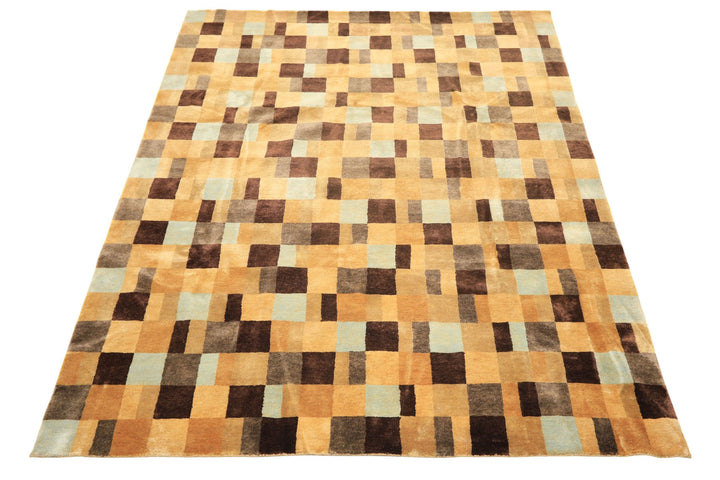 8x10 Gold, Chocolate, Aqua Color Hand Knotted Tibetan New Zealand Wool Modern &amp; Contemporay Oriental Rug