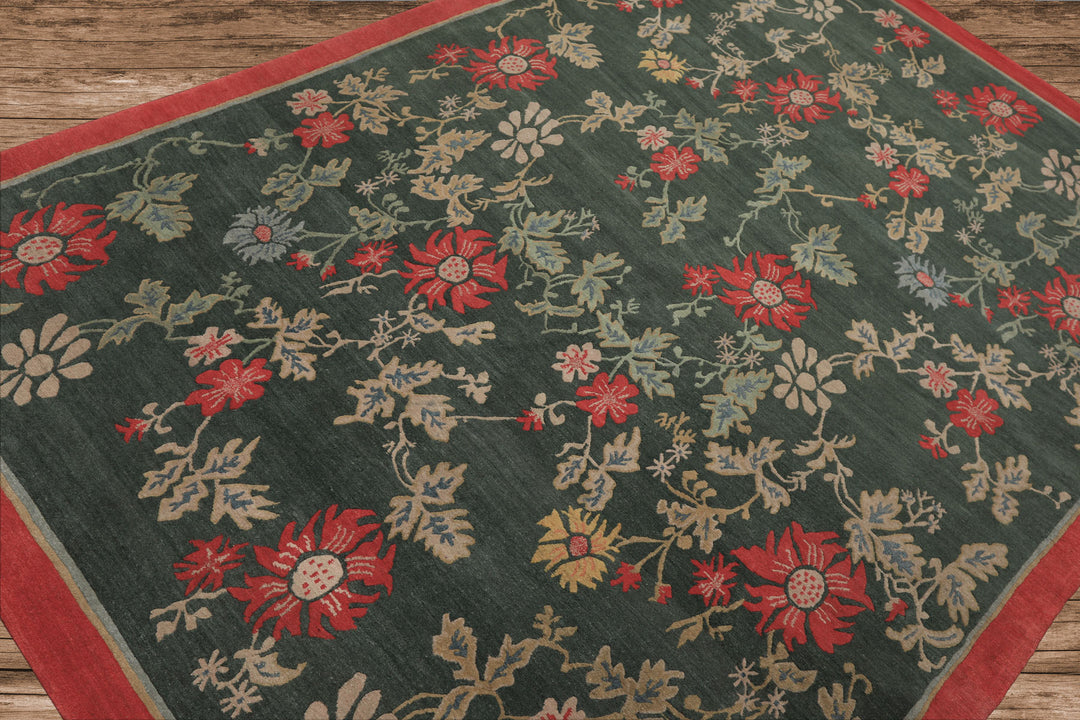 6x9 Celadon, Coral, beige Color Hand Knotted Tibetan Wool Transitional Oriental Rug