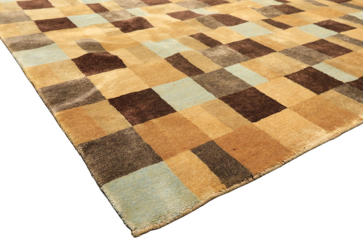 8x10 Gold, Chocolate, Aqua Color Hand Knotted Tibetan New Zealand Wool Modern &amp; Contemporay Oriental Rug