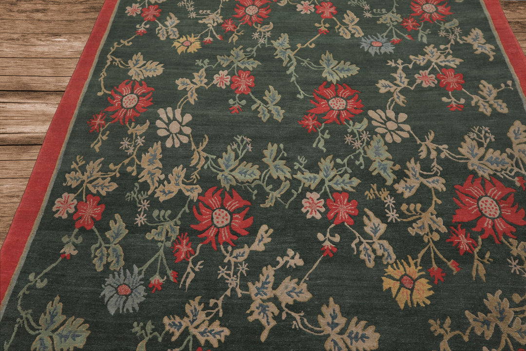 6x9 Celadon, Coral, beige Color Hand Knotted Tibetan Wool Transitional Oriental Rug