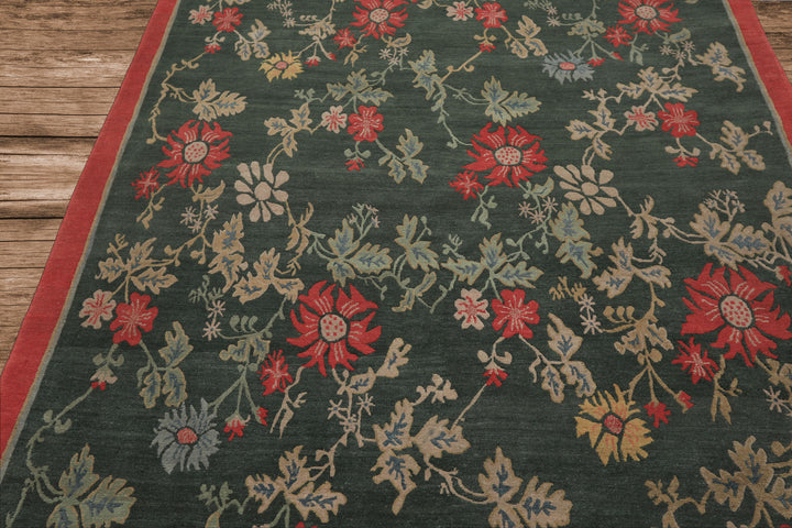 6x9 Celadon, Coral, beige Color Hand Knotted Tibetan Wool Transitional Oriental Rug