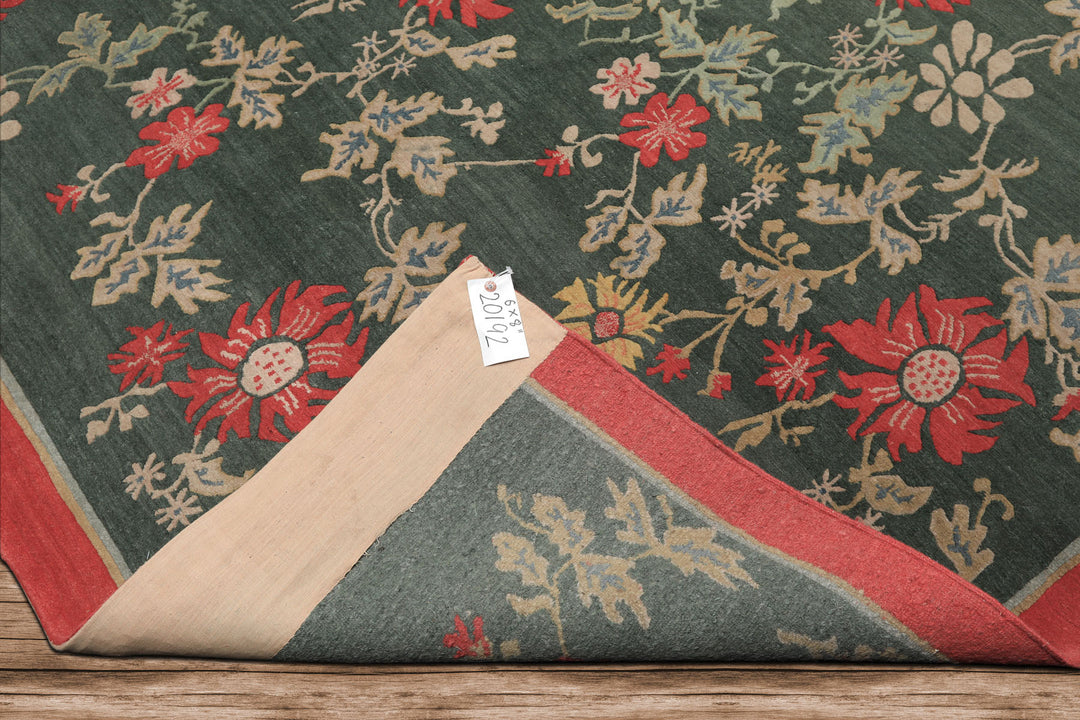 6x9 Celadon, Coral, beige Color Hand Knotted Tibetan Wool Transitional Oriental Rug