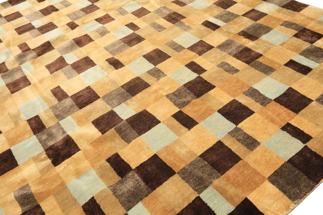 8x10 Gold, Chocolate, Aqua Color Hand Knotted Tibetan New Zealand Wool Modern &amp; Contemporay Oriental Rug