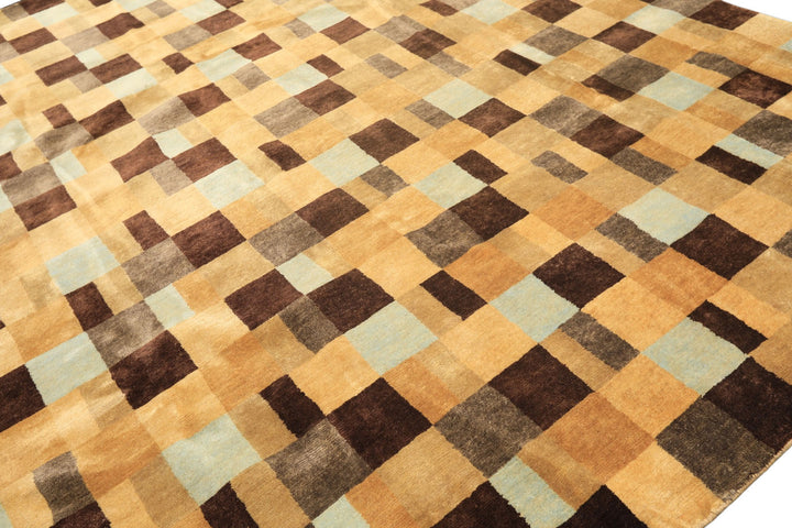 8x10 Gold, Chocolate, Aqua Color Hand Knotted Tibetan New Zealand Wool Modern &amp; Contemporay Oriental Rug