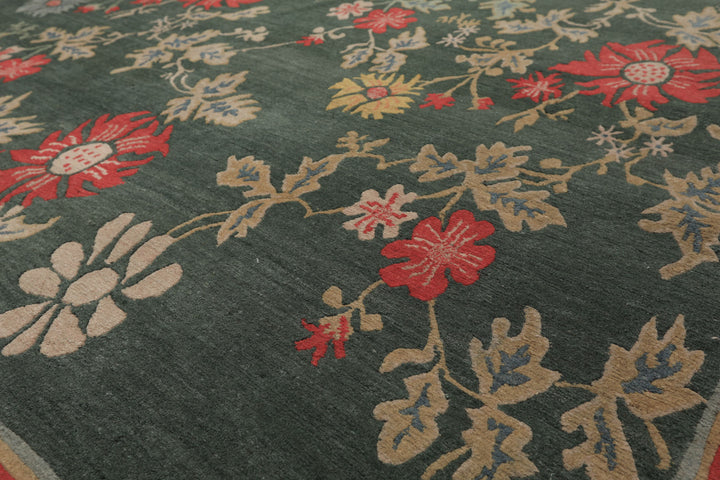 6x9 Celadon, Coral, beige Color Hand Knotted Tibetan Wool Transitional Oriental Rug