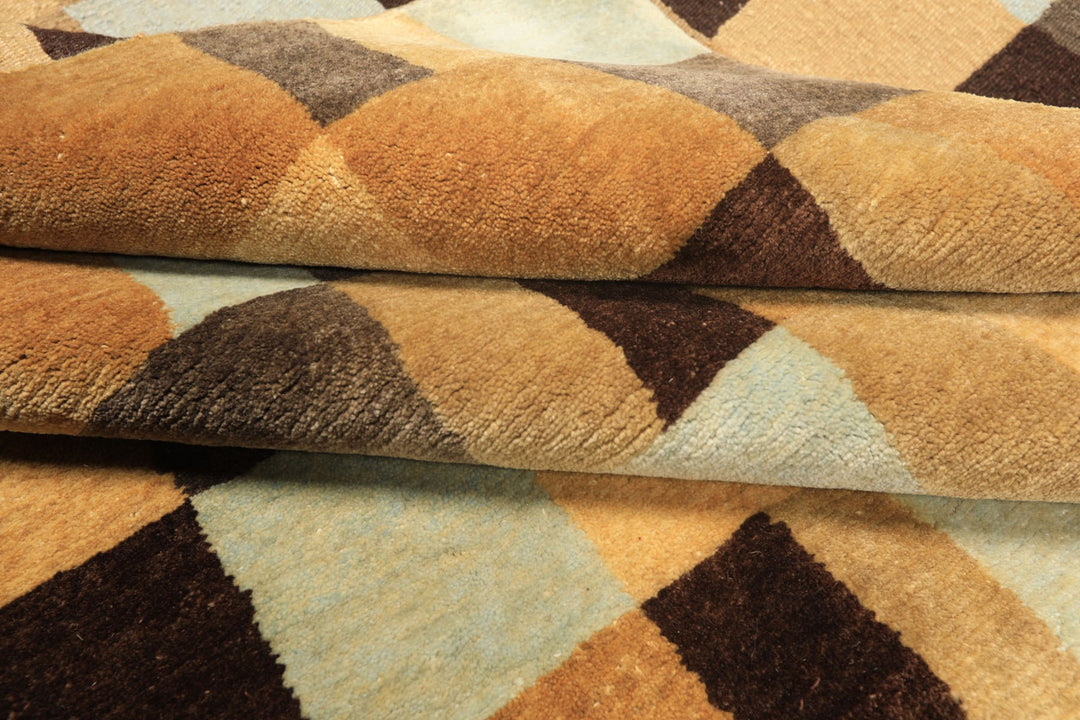 8x10 Gold, Chocolate, Aqua Color Hand Knotted Tibetan New Zealand Wool Modern &amp; Contemporay Oriental Rug