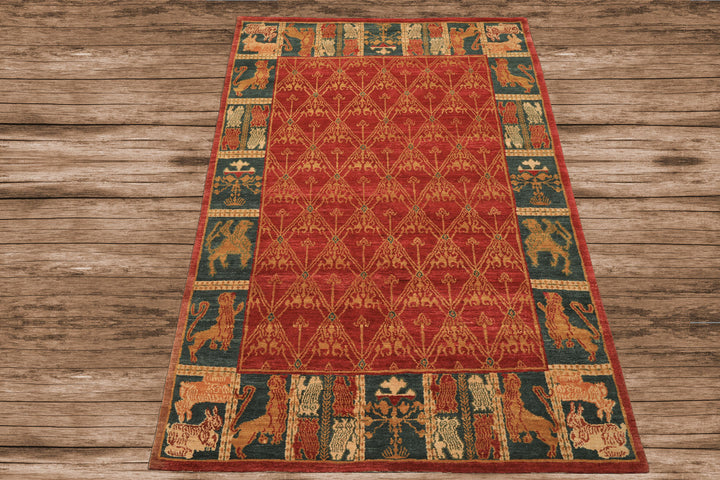 6x9 Rusty Red, Teal, Ivory Color Hand Knotted Tibetan Wool Arts & Crafts Oriental Rug