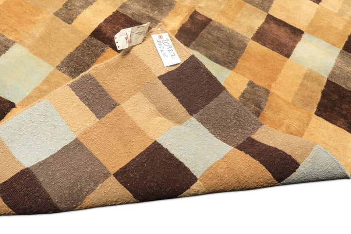8x10 Gold, Chocolate, Aqua Color Hand Knotted Tibetan New Zealand Wool Modern &amp; Contemporay Oriental Rug