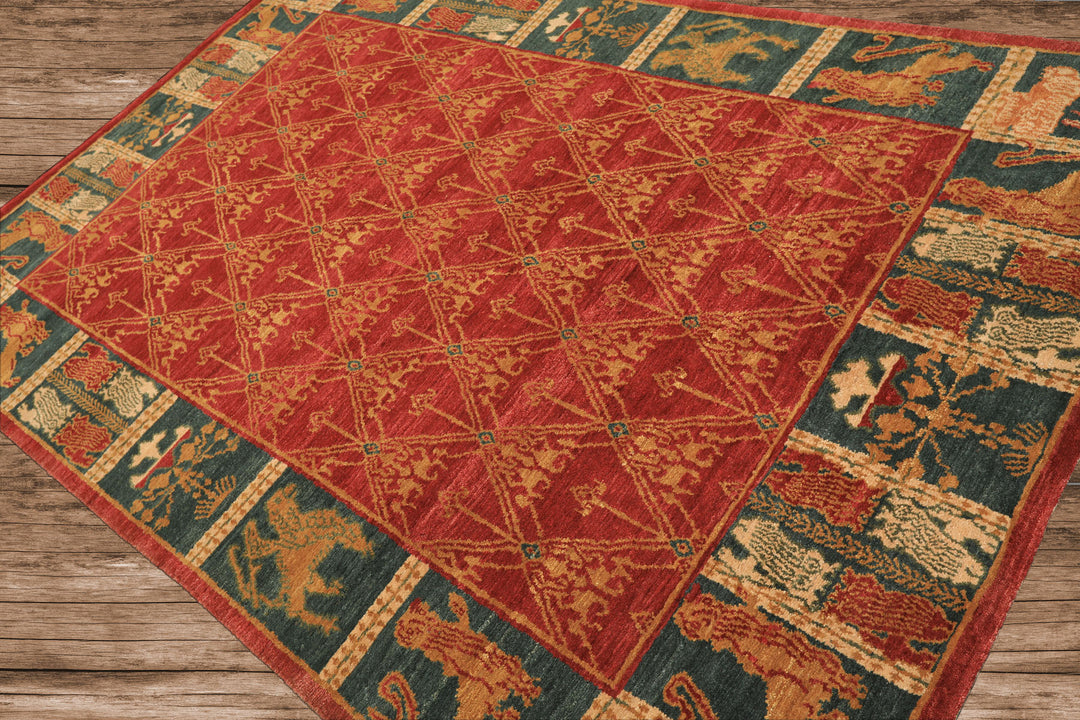 6x9 Rusty Red, Teal, Ivory Color Hand Knotted Tibetan Wool Arts & Crafts Oriental Rug