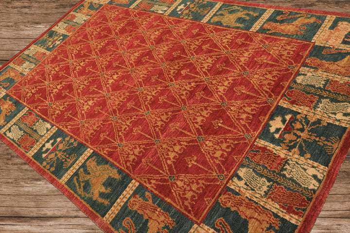 6x9 Rusty Red, Teal, Ivory Color Hand Knotted Tibetan Wool Arts & Crafts Oriental Rug