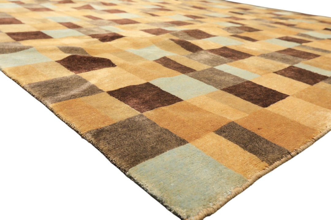 8x10 Gold, Chocolate, Aqua Color Hand Knotted Tibetan New Zealand Wool Modern &amp; Contemporay Oriental Rug