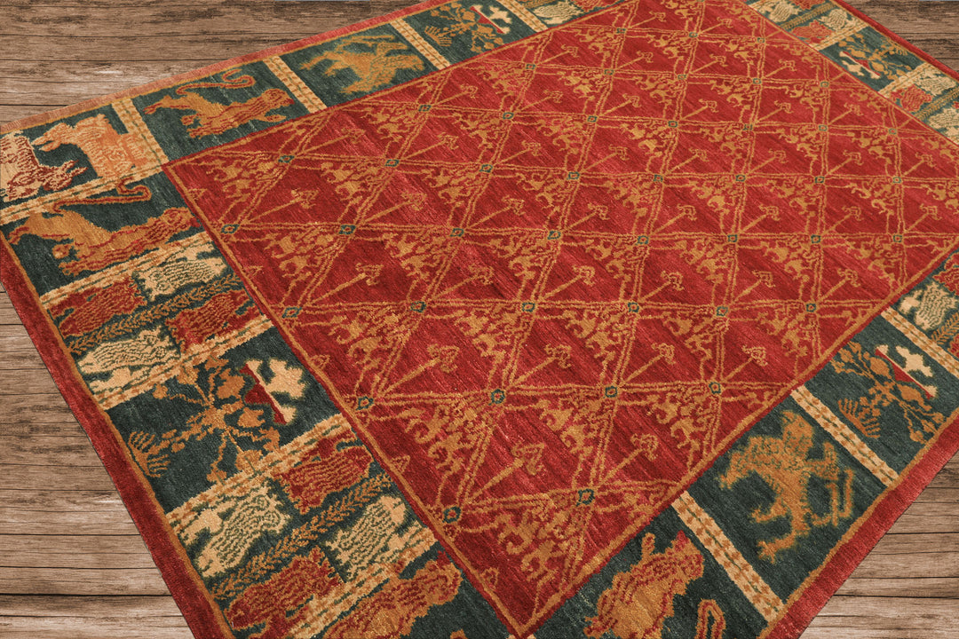 6x9 Rusty Red, Teal, Ivory Color Hand Knotted Tibetan Wool Arts & Crafts Oriental Rug