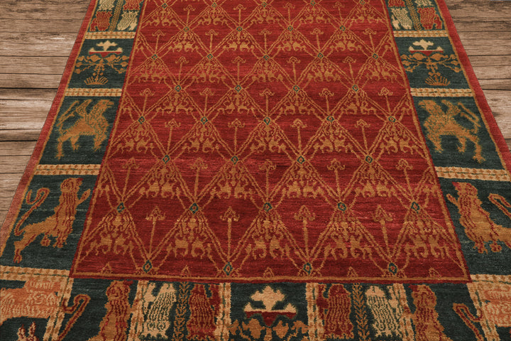 6x9 Rusty Red, Teal, Ivory Color Hand Knotted Tibetan Wool Arts & Crafts Oriental Rug