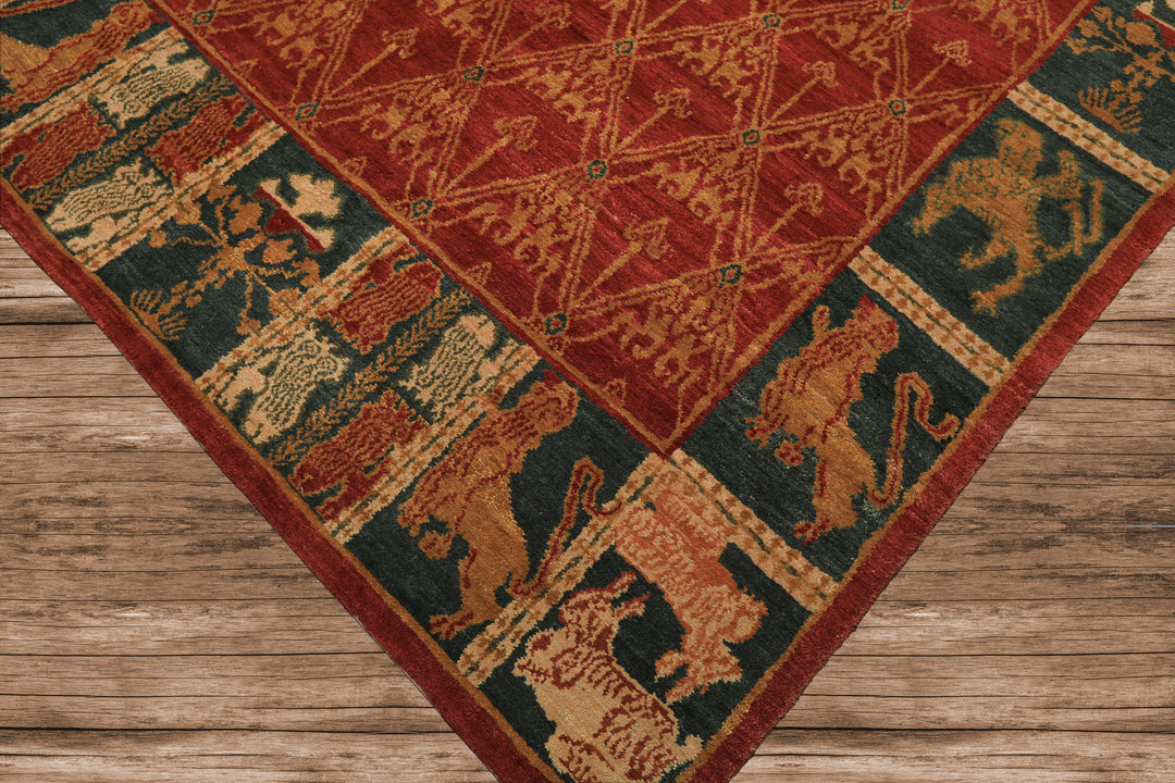 6x9 Rusty Red, Teal, Ivory Color Hand Knotted Tibetan Wool Arts & Crafts Oriental Rug