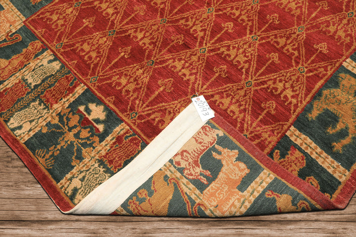 6x9 Rusty Red, Teal, Ivory Color Hand Knotted Tibetan Wool Arts & Crafts Oriental Rug