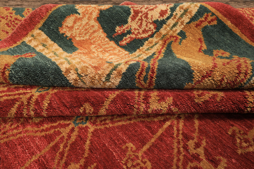 6x9 Rusty Red, Teal, Ivory Color Hand Knotted Tibetan Wool Arts & Crafts Oriental Rug