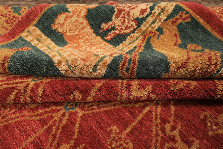 6x9 Rusty Red, Teal, Ivory Color Hand Knotted Tibetan Wool Arts & Crafts Oriental Rug