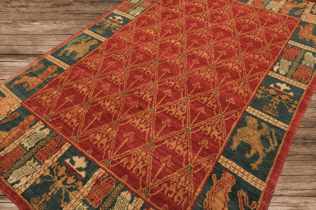 6x9 Rusty Red, Teal, Ivory Color Hand Knotted Tibetan Wool Arts & Crafts Oriental Rug