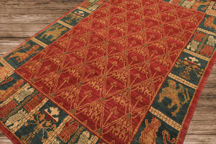 6x9 Rusty Red, Teal, Ivory Color Hand Knotted Tibetan Wool Arts & Crafts Oriental Rug