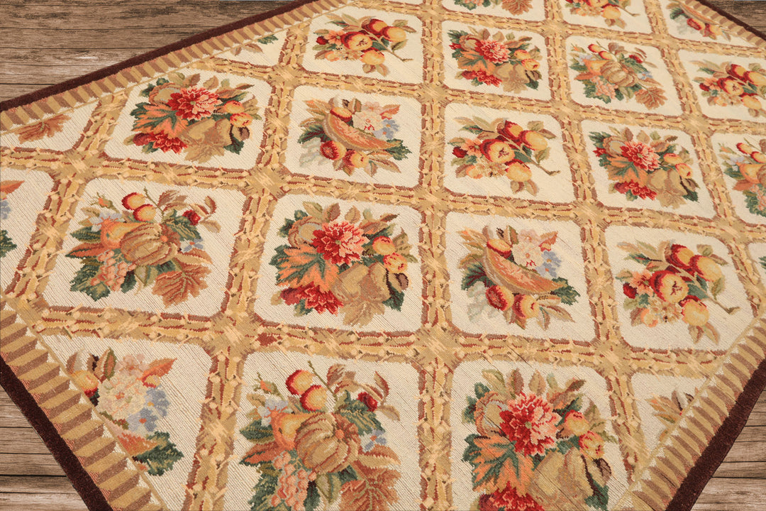 6x9 Ivory, Beige, Tan Color Hand Woven French Aubusson Savonnerie Wool Traditional Oriental Rug