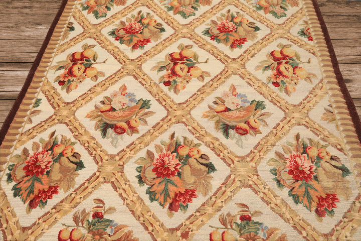 6x9 Ivory, Beige, Tan Color Hand Woven French Aubusson Savonnerie Wool Traditional Oriental Rug