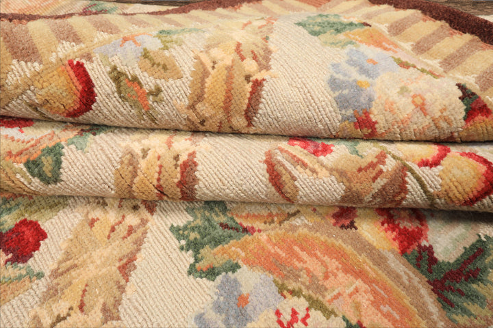 6x9 Ivory, Beige, Tan Color Hand Woven French Aubusson Savonnerie Wool Traditional Oriental Rug