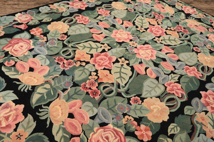 8x11 Black, Celadon, Pink Color Hand Woven Hand Hooked Wool Traditional Oriental Rug