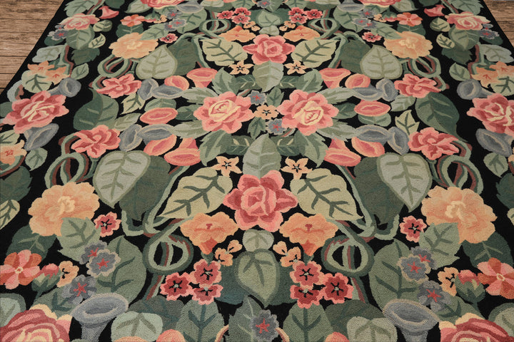 8x11 Black, Celadon, Pink Color Hand Woven Hand Hooked Wool Traditional Oriental Rug
