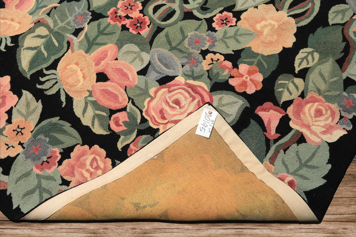 8x11 Black, Celadon, Pink Color Hand Woven Hand Hooked Wool Traditional Oriental Rug