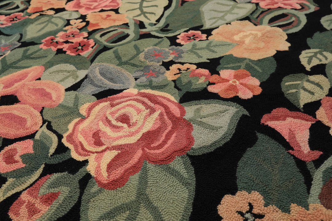 8x11 Black, Celadon, Pink Color Hand Woven Hand Hooked Wool Traditional Oriental Rug