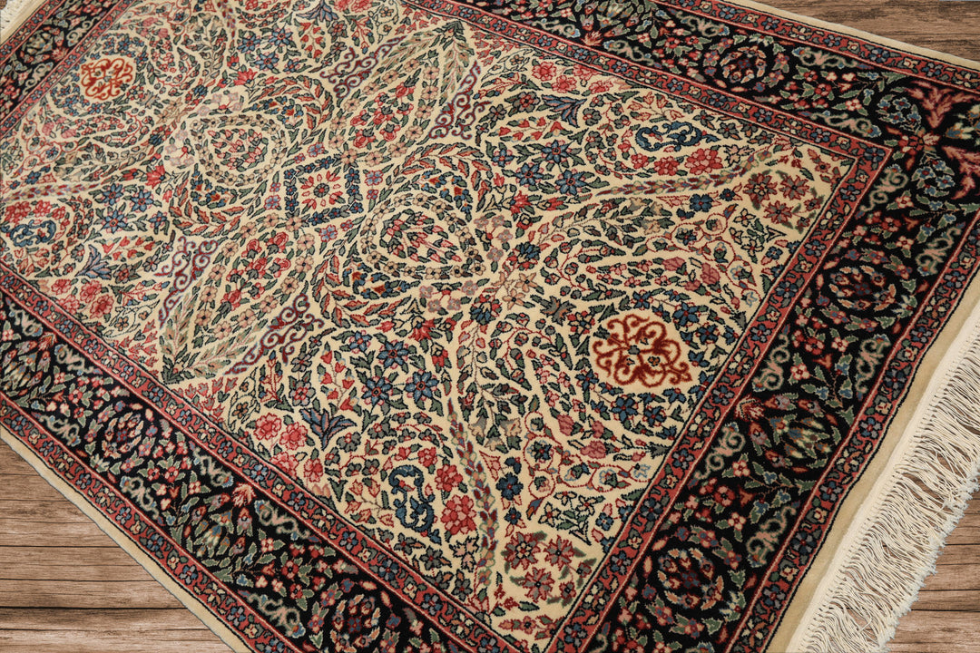 4x6 Ivory, Black, Rose Color Hand Knotted Kashan New Zealand Wool Traditional Oriental Rug