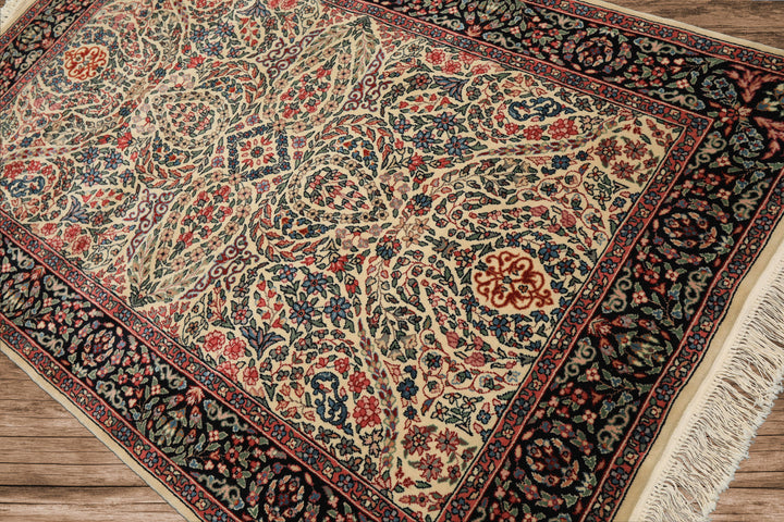 4x6 Ivory, Black, Rose Color Hand Knotted Kashan New Zealand Wool Traditional Oriental Rug