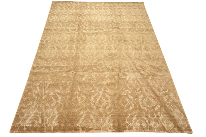 9x12 Moss, Beige, Color Hand Knotted Tibetan Wool &amp; Bamboo Silk Transitional Oriental Rug