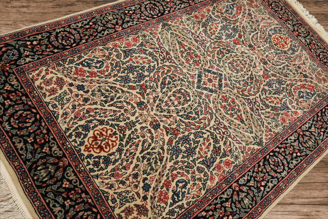 4x6 Ivory, Black, Rose Color Hand Knotted Kashan New Zealand Wool Traditional Oriental Rug