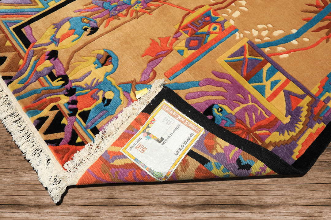 4x6 Tan, Purple, Black Color Hand Knotted Tibetan New Zealand Wool Modern & Contemporary Oriental Rug