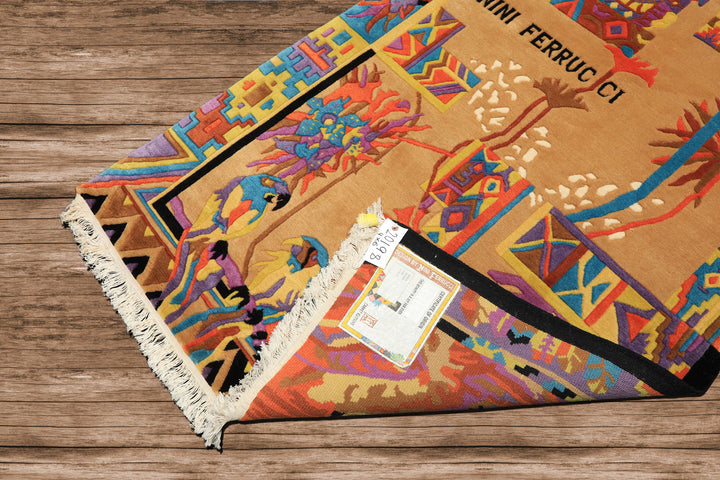 4x6 Tan, Purple, Black Color Hand Knotted Tibetan New Zealand Wool Modern & Contemporary Oriental Rug