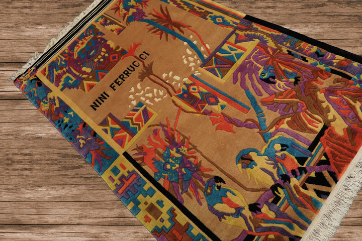 4x6 Tan, Purple, Black Color Hand Knotted Tibetan New Zealand Wool Modern & Contemporary Oriental Rug