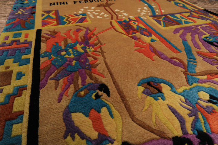 4x6 Tan, Purple, Black Color Hand Knotted Tibetan New Zealand Wool Modern & Contemporary Oriental Rug