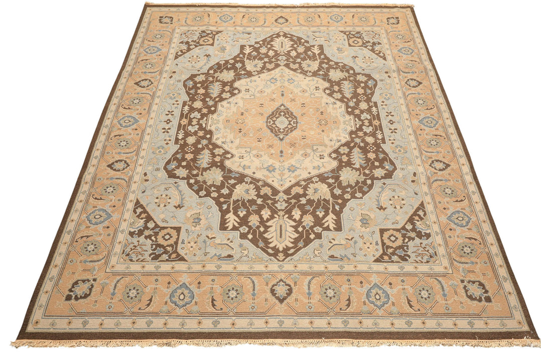 8x10 Peach, Brown, Mint Color Hand Knotted Soumak Wool Traditional Oriental Rug