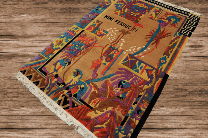 4x6 Tan, Purple, Black Color Hand Knotted Tibetan New Zealand Wool Modern & Contemporary Oriental Rug