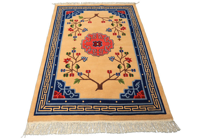 4x6 Tan, Navy, Coral Color Hand Knotted Tibetan Wool Chinese Art Deco Oriental Rug